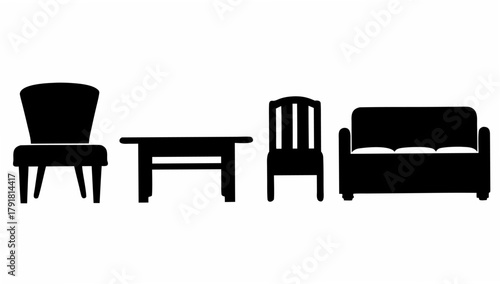 Stylish furniture arrangement showcasing a classic chair, table, and sofa design, perfect for interior design projects, originally a scalable vector graphic