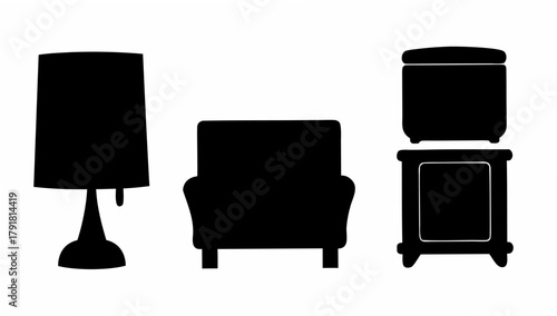 Stylish black silhouette furniture set including lamp, armchair and nightstand, perfect for minimalist interior design projects and creative room concepts