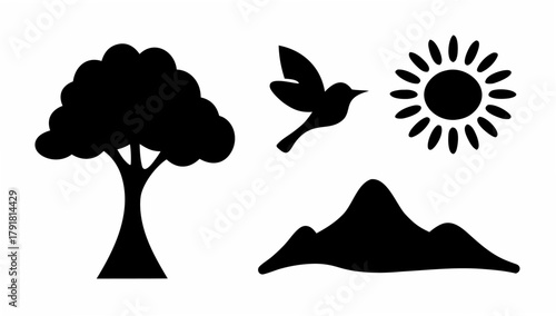 Serene landscape with a tree, bird, sun, and mountains evoking peace, freedom, and the beauty of nature. Perfect for inspiring designs and creative projects.
