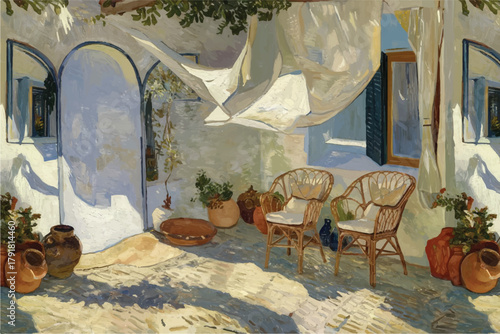 Hand drawn watercolor painting of home outside Landmark painting with buildings, white wall, table, blue chairs, paved walkway, bougainvillea flowers, sea, coastal view, nature home 1899 vibe.