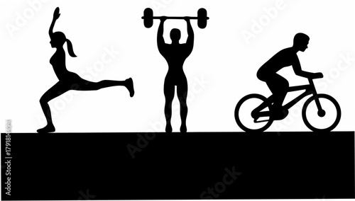 Dynamic fitness lifestyle showcasing yoga, weightlifting, and cycling for health and wellness, perfect for inspiring active living and sports related content