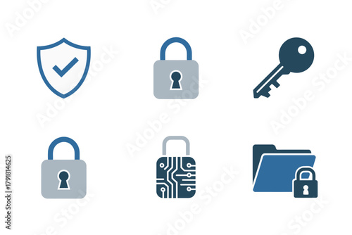Flat vector icons for data protection, featuring lock, key, fingerprint, representing security, files, and privacy,