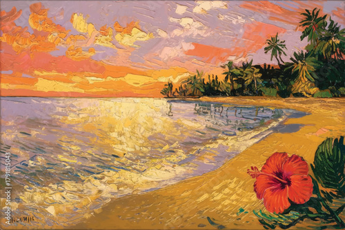 watercolor painting of panoramic tropical beach. Seascape painting with blue water, sea, calm waves, sand, coconut trees, island, horizons and cloudy blue sky, watercolor oil painting.