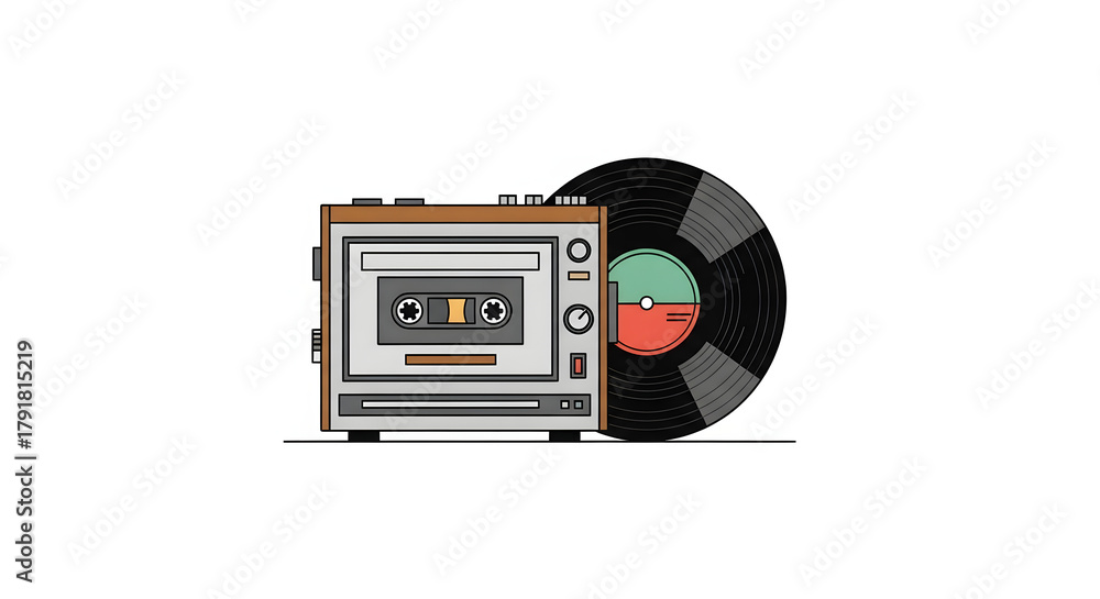 Fototapeta premium Retro Cassette Player and Vinyl Record Illustration.