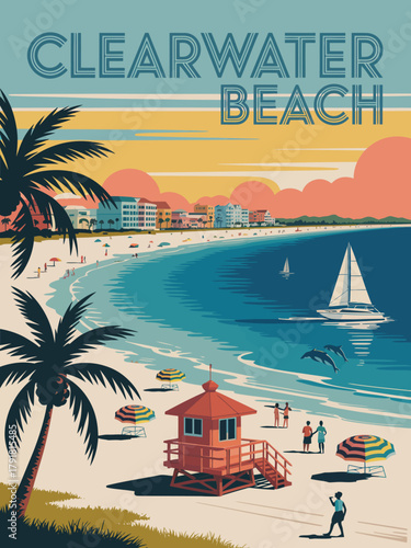 Clearwater Beach Florida Retro Travel Poster – Vintage Mid-Century Vacation Illustration Featuring Palm Trees, Lifeguard Tower, Colorful Umbrellas, Beach Hotels, and Scenic Sunset Ocean View