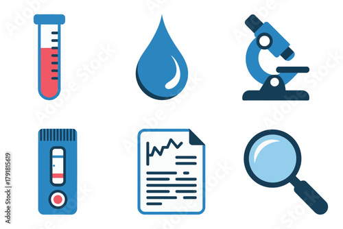 Flat vector icons for laboratory, featuring blood, microscope, flask, representing science, analysis, and medical research,