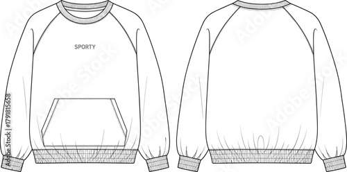 Unisex sporty sweatshirt flat sketch, raglan sleeve technical drawing, kangaroo pocket apparel design, ribbed cuff clothing CAD vector illustration template