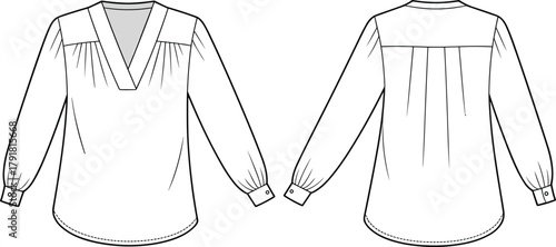 Women blouse fashion flat sketch, technical garment drawing, V neck wide facing, shoulder yoke gathers, long sleeve cuff button, apparel CAD vector illustration