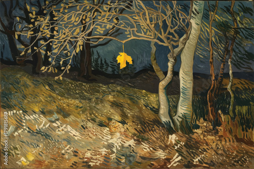 Watercolor childish drawing with nature tree and sky view night and starry sky, spruces trees and snow, hand drawn illustration. Glitter beautiful dead tree background night.