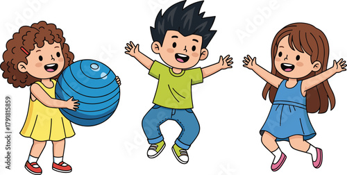 Cartoon children playing happily with ball and jumping, joyful kids activity illustration for education, fun, friendship, and childhood themes