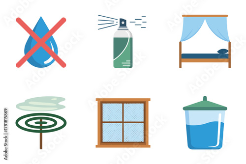 Flat vector icons for prevention, featuring spray, net, mosquito, representing hygiene, safety, and insect protection,