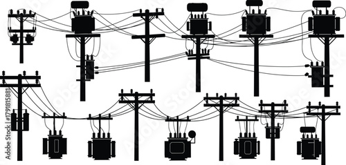 Utility pole silhouettes vector, electrical transformers insulators crossarms wiring illustration, power line infrastructure icons, distribution system design, energy grid graphics