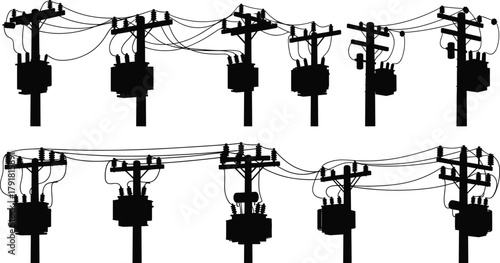 Utility pole silhouettes vector, electrical transformers insulators crossarms wiring illustration, power line infrastructure icons, distribution system design, energy grid graphics