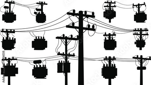 Utility pole silhouettes vector, electrical transformers insulators crossarms wiring illustration, power line infrastructure icons, distribution system design, energy grid graphics