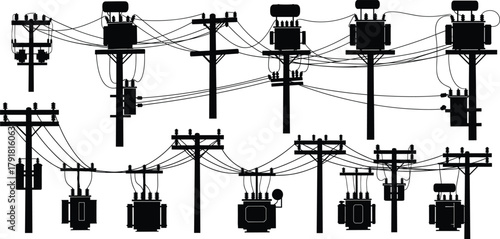 Utility pole silhouettes vector, electrical transformers insulators wiring illustration, power line infrastructure icons, distribution system design, energy grid graphics