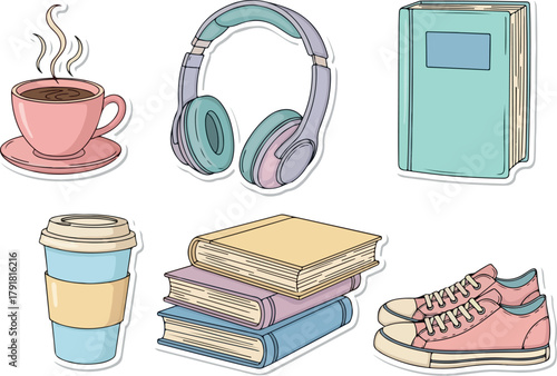 Cozy Study Essentials Coffee Books Headphones and Sneakers.
