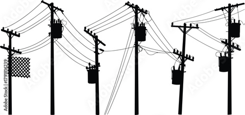 Utility pole silhouettes, electrical transformers, insulators, mesh support structure, interconnected power lines, urban electricity grid,