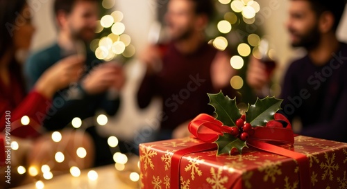 Close-up of a festive red gift box with holly and ribbon, with a blurred group of friends celebrating a holiday party in the background