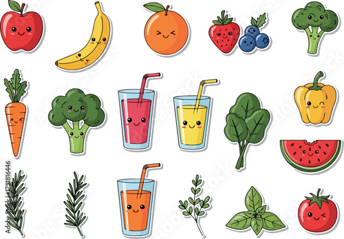 Cute Fruit and Vegetable Stickers Healthy Food Kawaii Style.