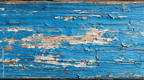 Close-up of weathered blue paint on a wooden surface, showcasing peeling textures and rich colors.