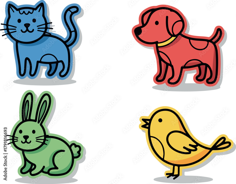 Obraz premium Cute Cartoon Pet Animals Cat Dog Rabbit and Bird.