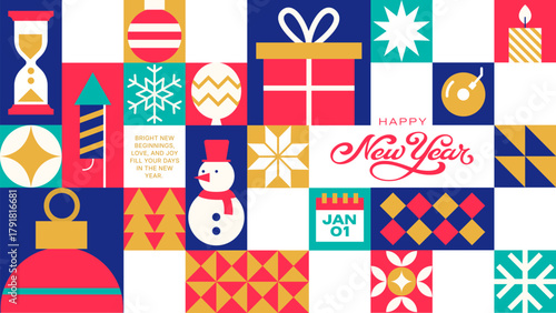 Colourful New Year Celebration Pattern - Modern Icon Grid Background with Gifts, Snowman, and Decorations