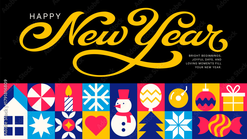Obraz premium Happy New Year Background - Modern Icon Grid Pattern with Gifts, Ornaments, and Fireworks