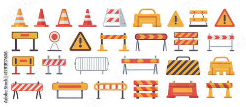 Road Barriers and Traffic Sign Collection – Safety Cones, Construction Barricades, Warning Symbols, Stop Signs, and Street Control Elements for Transportation and Infrastructure Design