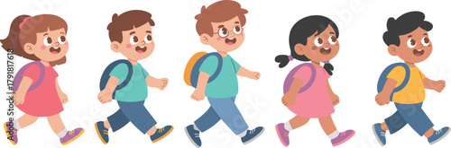 Cartoon children walking with backpacks, diverse school kids in casual clothes, happy students going to school, educational vector illustration