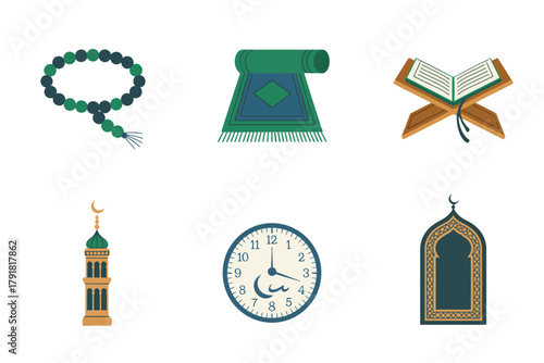 Detailed flat vector icons for Islamic culture, showing rosary, quran, clock, representing faith, prayer, and traditions,
