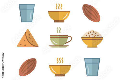 Flat vector icons for meal, featuring traditional food, water, dates, representing iftar, fasting, and cultural eating,