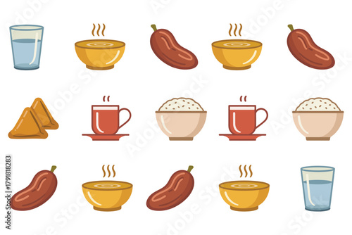 Detailed flat vector icons for meal, showing traditional food, tea, rice, representing iftar, fasting, and cultural eating,