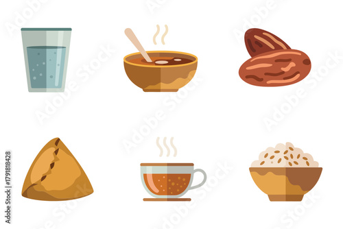 Detailed flat vector icons for meal, showing water, bowl, dates, representing iftar, fasting, and traditional culture,