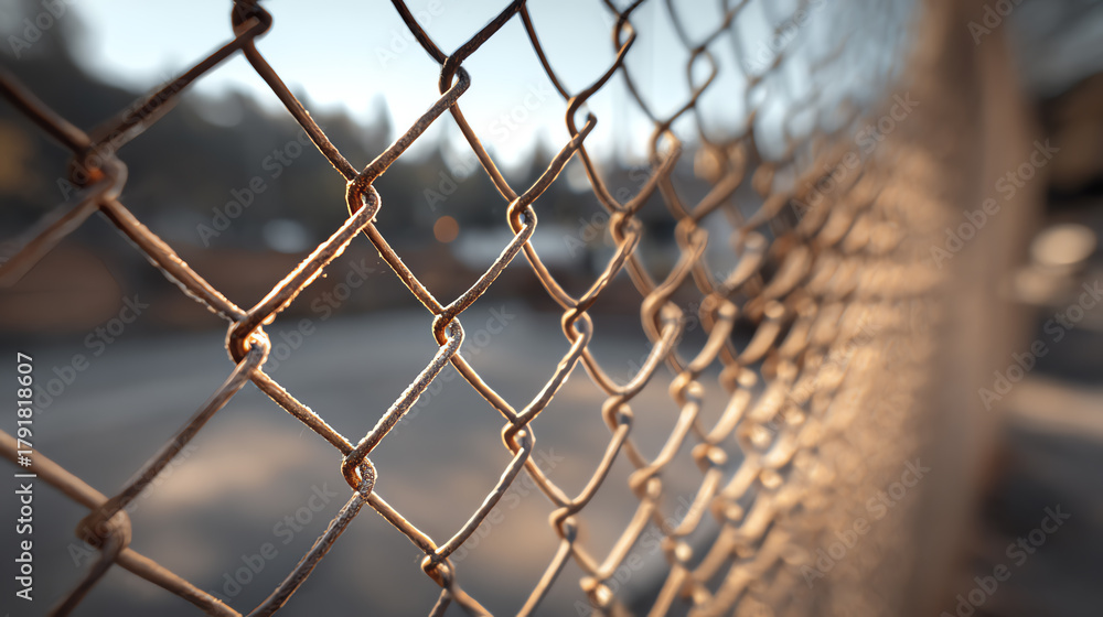 Fototapeta premium Close-up view of a chain-link fence capturing intricate details and natural light.