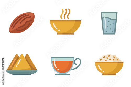 Flat color icons for meal, illustrating rice, drink, dates, representing iftar, fasting, and traditional culture,