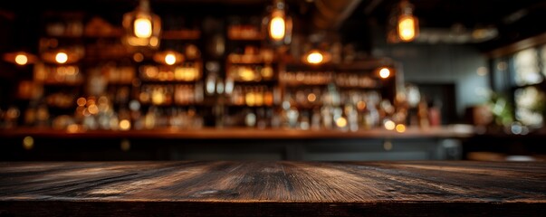 Rustic wooden tabletop with blurred background of a bar interior and warm lighting, concept for product display, restaurant promotion and vintage themed design