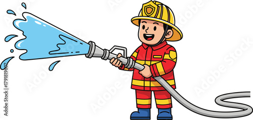 Cartoon firefighter in protective gear spraying water with hose, emergency rescue worker illustration for fire safety and hero-themed design