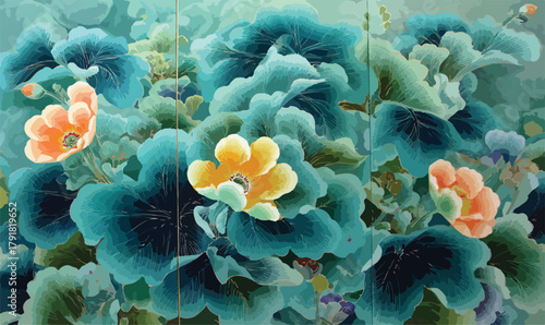 화려한 색감의 동양화풍 연꽃과 꽃 그림, 섬세한 붓터치와 아름다운 조화