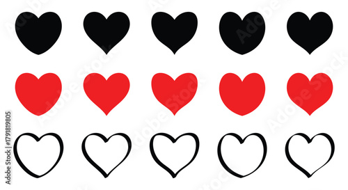 Heart silhouettes. Red and black variants. Stylish heart symbols suitable for prints, cards, and decorative artwork. Vector illustration. EPS 10