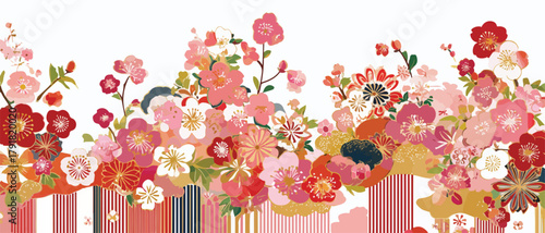 풍성하고 다채로운 동양적인 꽃무늬 디자인, 벚꽃과 국화 등 다양한 꽃들이 화려하게 피어있습니다.