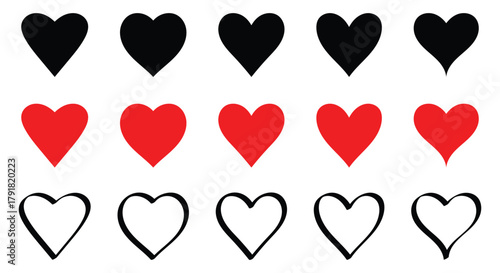 Red heart symbols for love and valentine designs. Bright red heart shapes ideal for romantic graphics, greetings, and celebration themes.