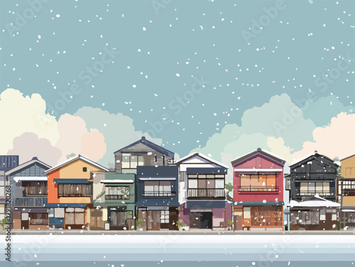 눈 내리는 겨울, 일본 전통 가옥들이 늘어선 풍경 일러스트
