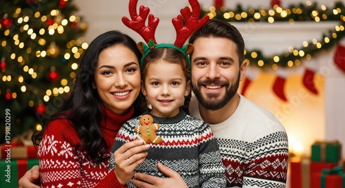 Happy young family with little daughter celebrating Christmas at home, wearing festive sweaters and smiling in front of a decorated tree and fireplace.