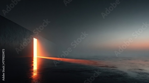 Fototapeta Naklejka Na Ścianę i Meble -  Sci-fi portal, warmhole, A Glowing Doorway of Hope. Abstract 3D Render of Bright Light Coming Out of a Slit in a Wall, Reflecting on a Dark Foggy Floor