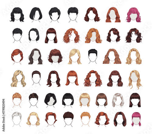 Women’s Hairstyles Collection – Beauty App Wig Styles, Female Haircuts, Fashion Looks, and Editable Salon Hair Elements for Web Applications and Digital Makeover Tools