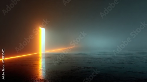 Fototapeta Naklejka Na Ścianę i Meble -  Sci-fi portal, warmhole, A Glowing Doorway of Hope. Abstract 3D Render of Bright Light Coming Out of a Slit in a Wall, Reflecting on a Dark Foggy Floor