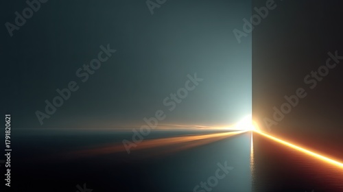 Fototapeta Naklejka Na Ścianę i Meble -  Sci-fi portal, warmhole, A Glowing Doorway of Hope. Abstract 3D Render of Bright Light Coming Out of a Slit in a Wall, Reflecting on a Dark Foggy Floor