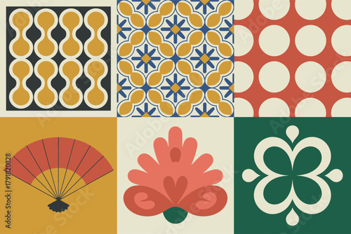 Flat vector icons for decoration, featuring fan, tile, clover, representing traditional ornament and Spanish fiesta,