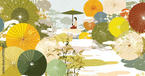 평온한 정원에서 우산을 쓴 사람이 명상하는 모습, 동양적인 풍경과 다채로운 우산