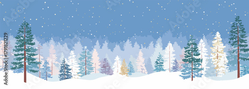 설원 속 겨울 숲의 아름다운 풍경, 눈이 내리는 평화로운 순간을 담은 벡터 일러스트레이션